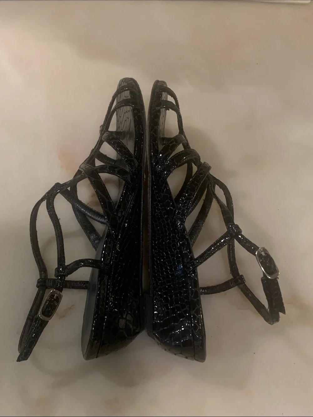 Stuart Weitzman black snake-embossed strappy low-wedge sandals Size 8